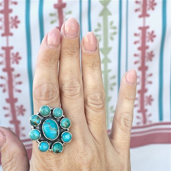 BIG Turquoise Cluster Statement Southwestern Sterling Silver Ring Adjusts 7 8 9 - Picture 4 of 7